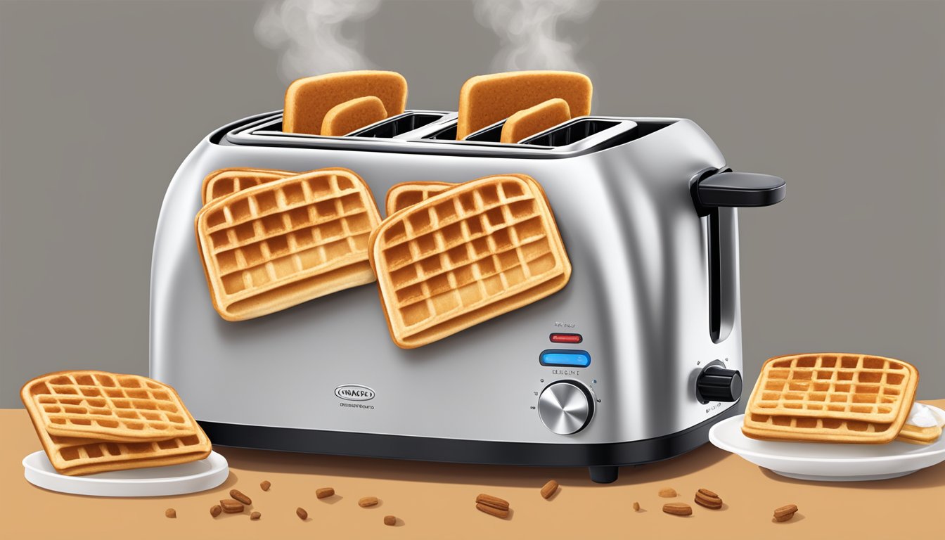 A toaster with two eggo cinnamon toast waffles popping up, steam rising