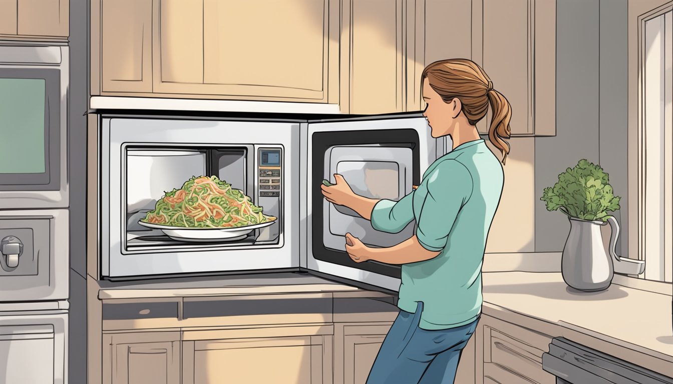 A bowl of coleslaw being placed in a microwave next to a plate of leftover barbecue, with a person reaching for the microwave door handle