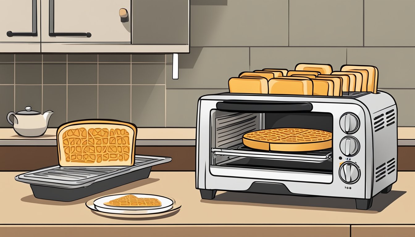 A toaster oven with a tray of eggo cinnamon toast waffles inside, set to the recommended temperature and time for reheating