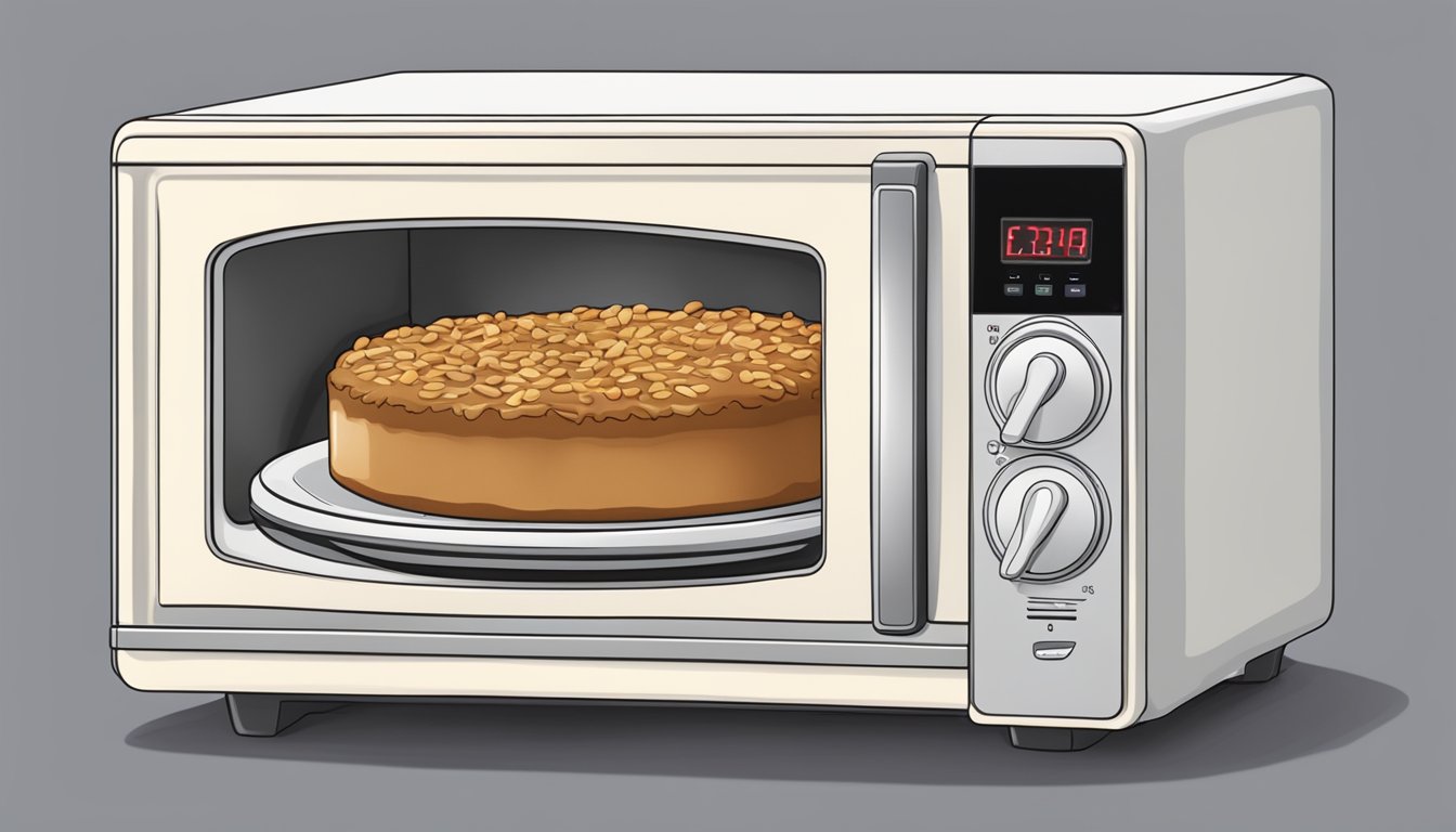 A slice of coffee cake being reheated in a microwave on a plate