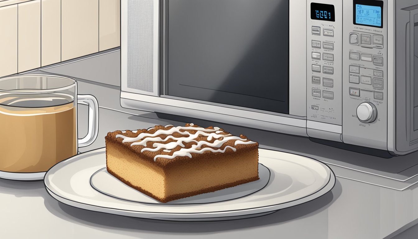 A slice of coffee cake on a plate, next to a microwave. The microwave door is open, and the plate is positioned inside