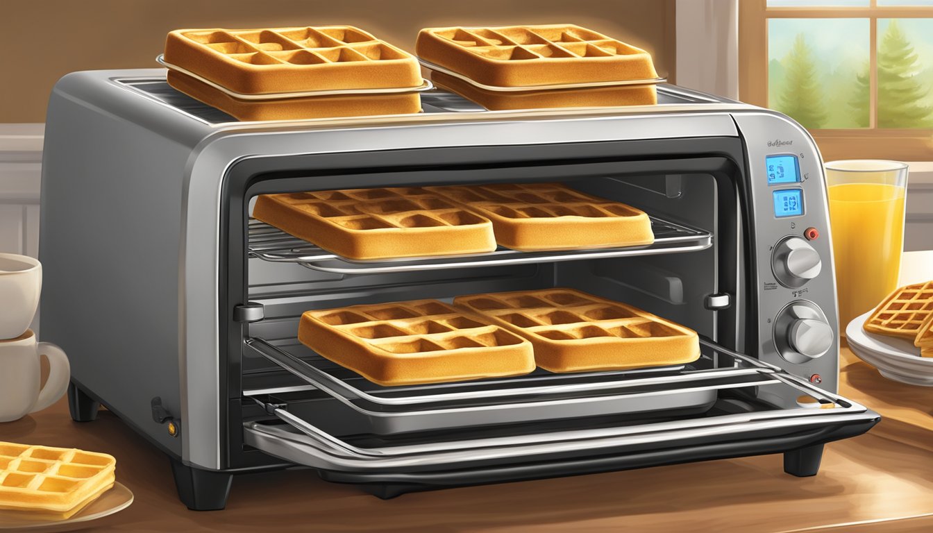 A toaster oven with two golden eggo cinnamon toast waffles inside, emitting a warm, inviting aroma