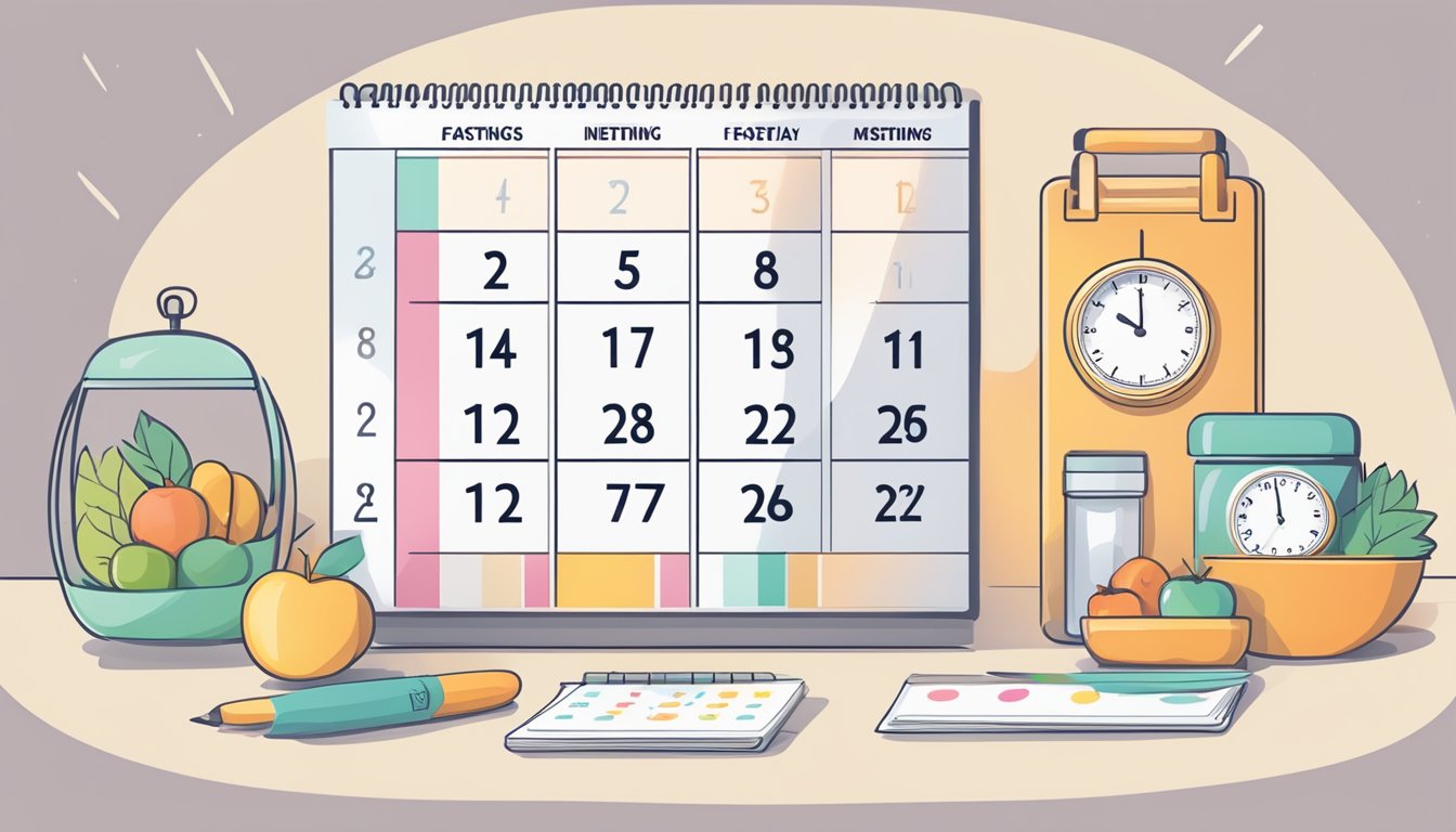 A calendar with marked dates, a scale showing weight loss, and a clock indicating fasting intervals