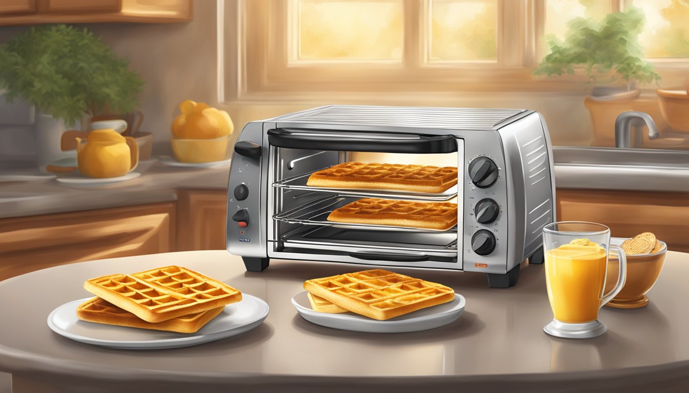 A toaster oven with two golden Eggo cinnamon toast waffles inside, emitting a warm, cinnamon aroma