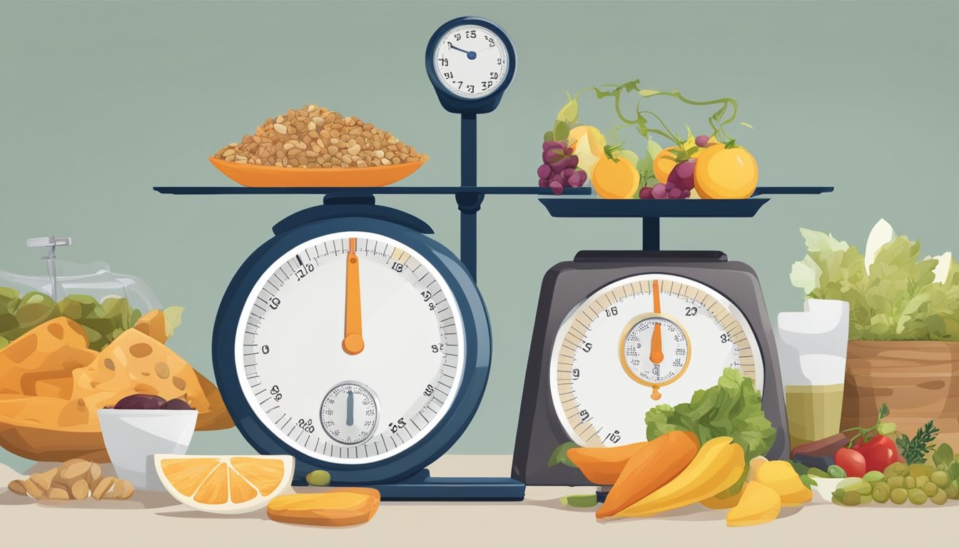 A scale surrounded by a variety of foods, with a calendar showing two weeks and a stopwatch symbolizing the time constraint