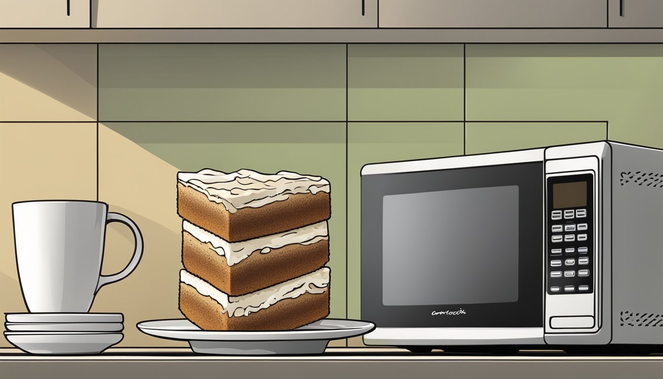 A slice of coffee cake on a plate next to a microwave