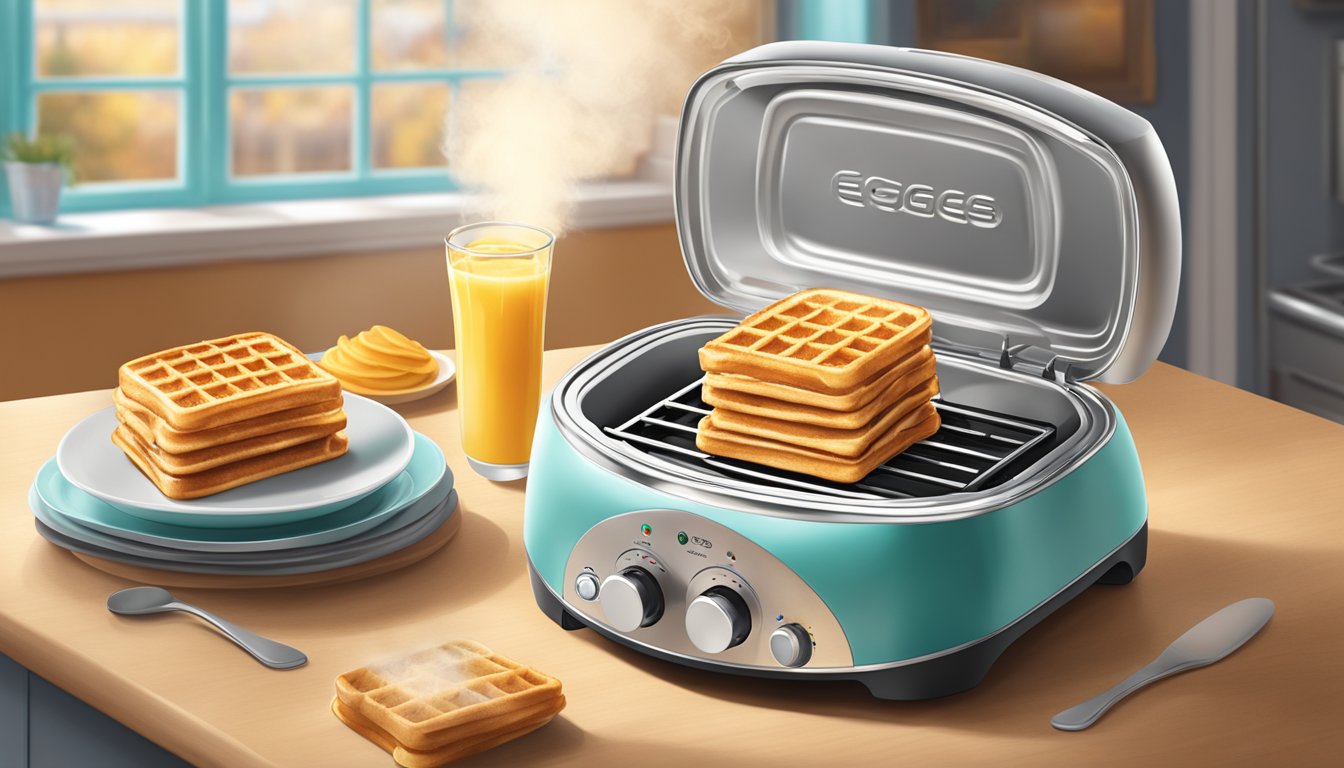 A toaster with two eggo cinnamon toast waffles inside, emitting steam