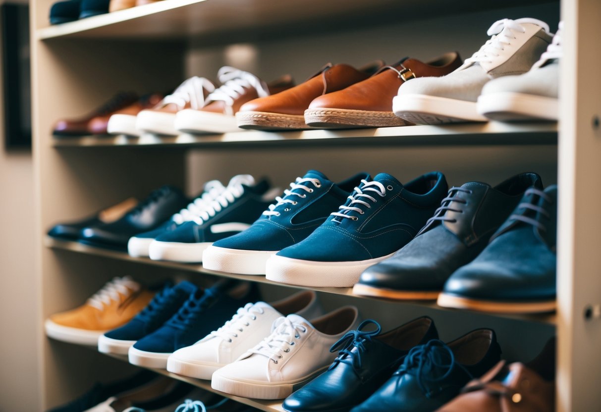 A collection of various pairs of shoes neatly arranged on a shoe rack or shelf