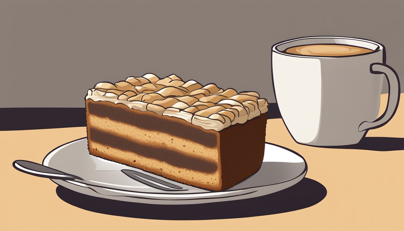 A slice of coffee cake being placed in a microwave next to a cup of coffee