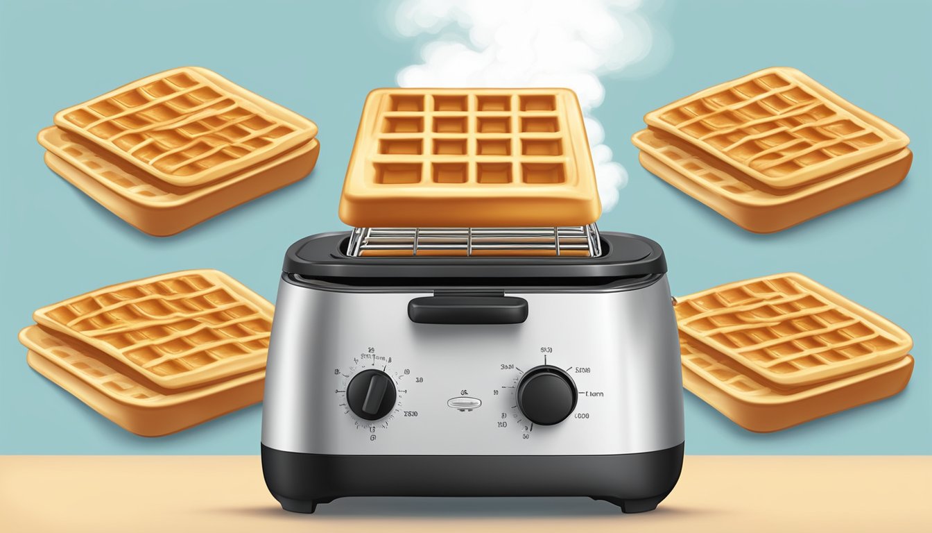 A plate of eggo cinnamon toast waffles being heated in a toaster, with steam rising from the golden-brown waffles