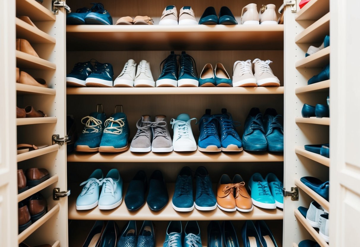 A closet filled with various types of shoes neatly organized on shelves and racks
