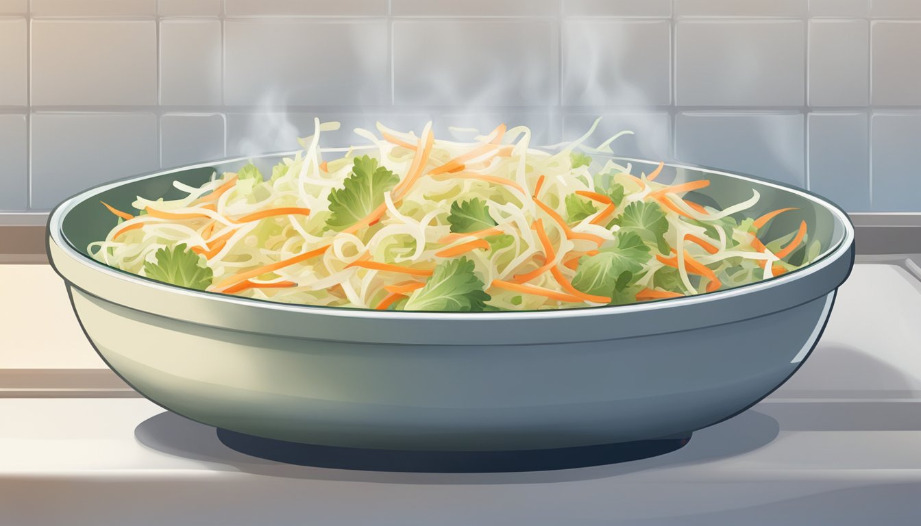 A bowl of coleslaw being reheated in a microwave