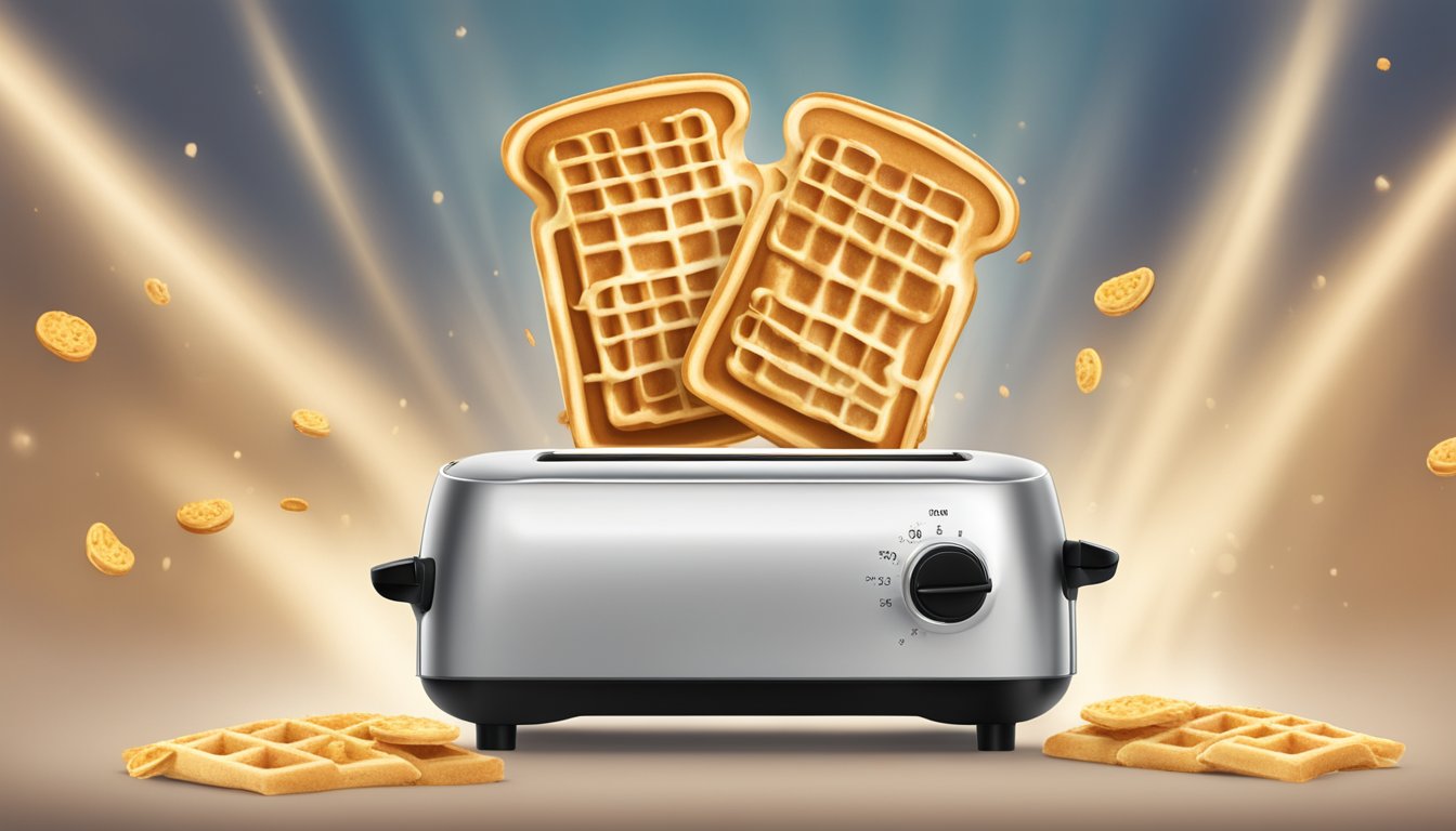 A toaster with two golden eggo cinnamon toast waffles popping up, steam rising