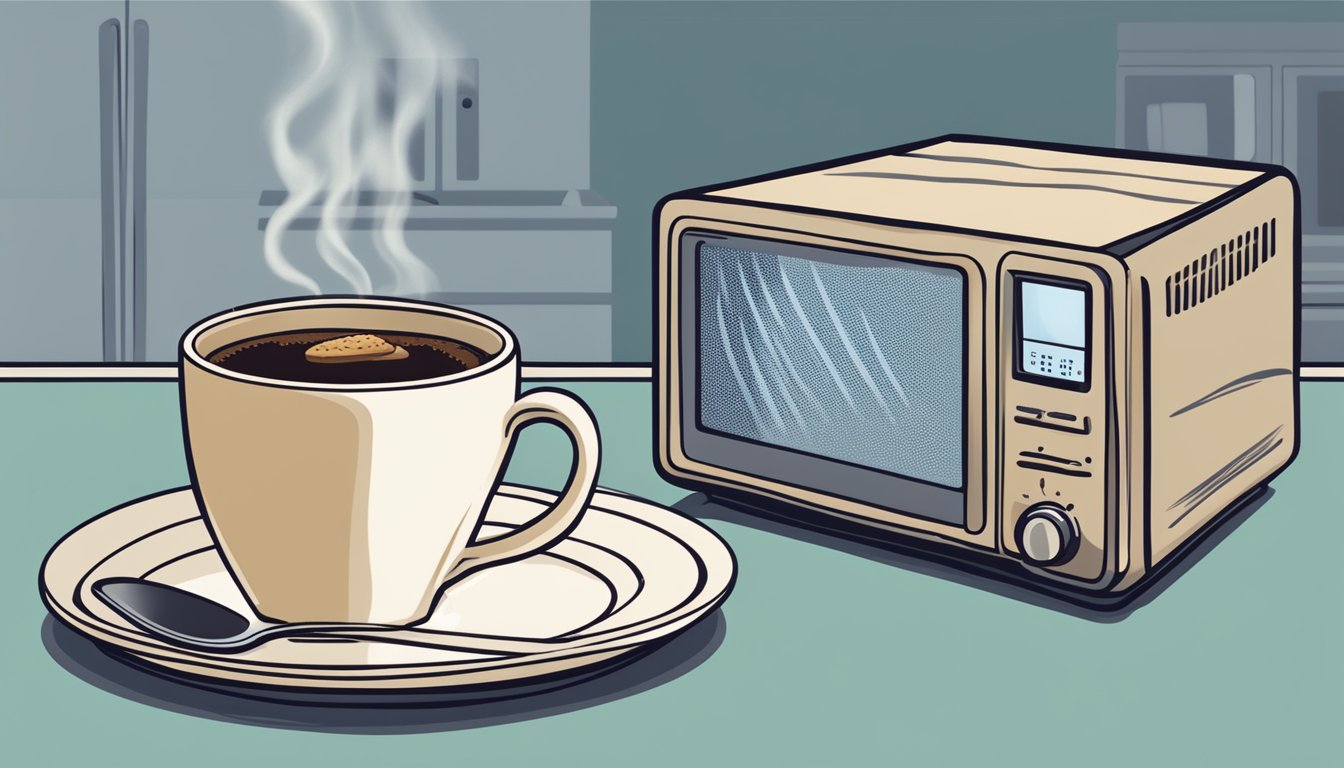 A slice of coffee cake sits on a plate next to a steaming cup of coffee, with a microwave in the background