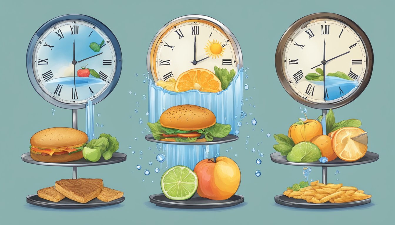 A clock showing different times of day with food and water being consumed and abstained from