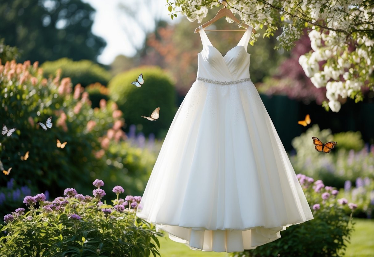 A white wedding dress hanging in a garden, surrounded by blooming flowers and butterflies