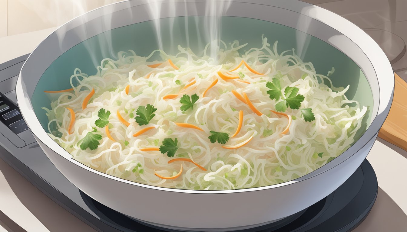 A bowl of coleslaw being gently reheated in a microwave-safe dish, with steam rising from the creamy mixture