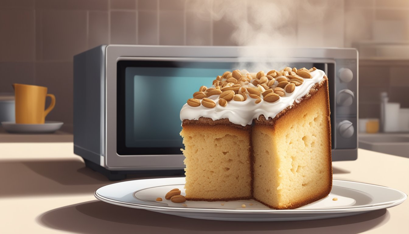 A slice of coffee cake being warmed in the microwave, steam rising from the plate as the sweet aroma fills the kitchen