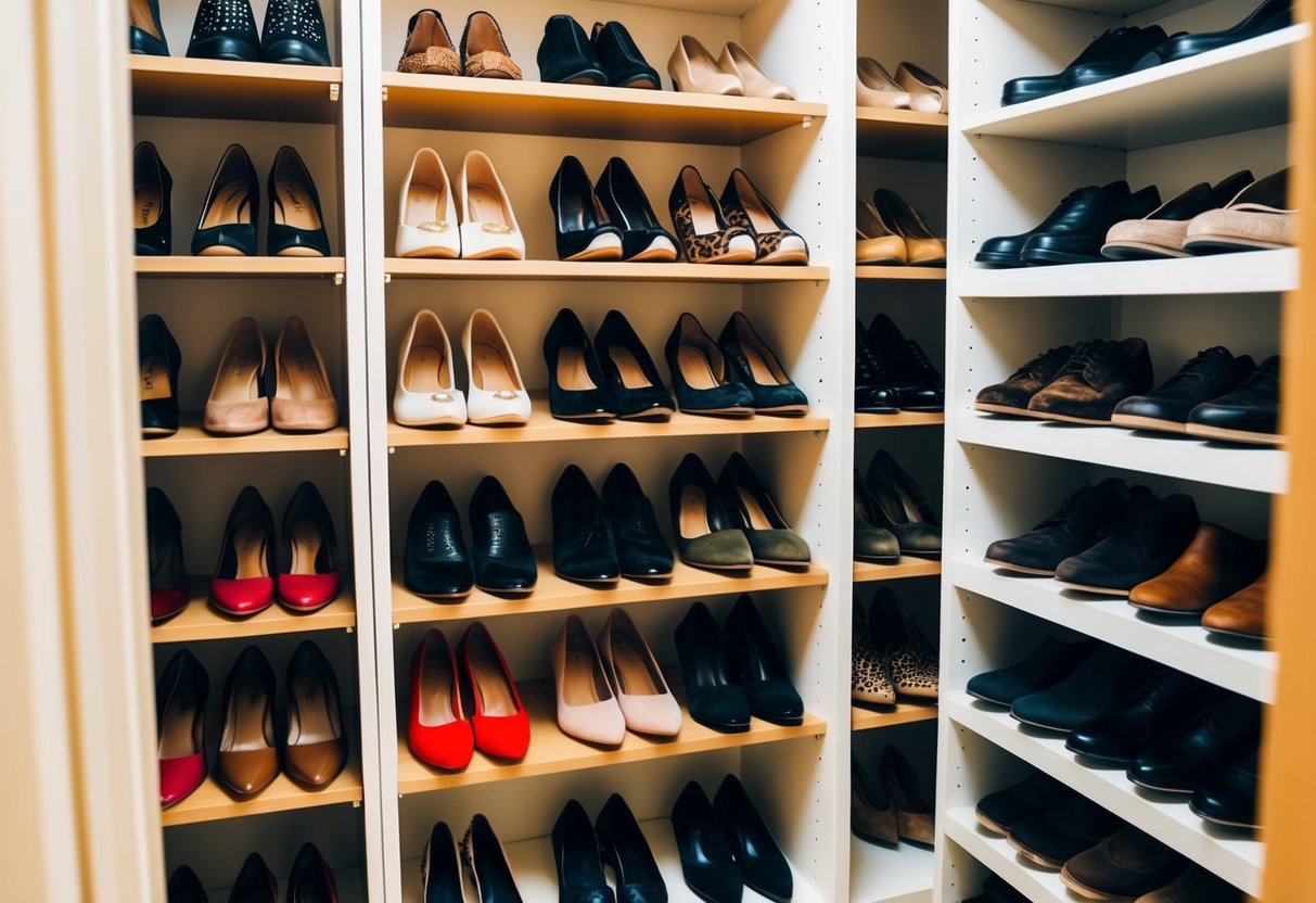 A closet filled with various styles of shoes neatly arranged on shelves and racks