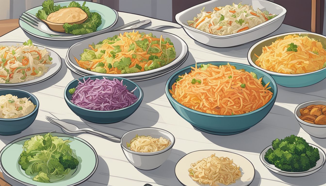 A plate of reheated coleslaw sits next to various main dishes on a dining table