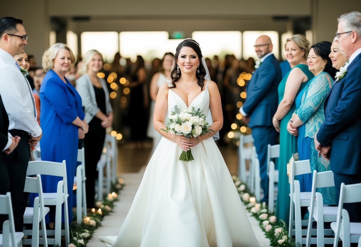 A bride in a non-traditional white gown confidently walks down the aisle, surrounded by supportive and accepting loved ones