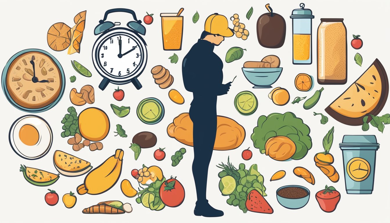 A person's silhouette surrounded by various food items and a clock, symbolizing the challenges and side effects of intermittent fasting