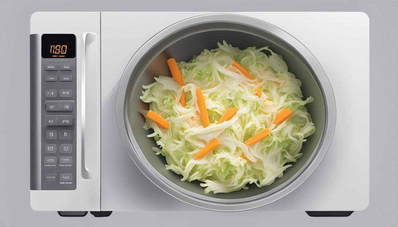 A bowl of coleslaw being gently reheated in a microwave, steam rising from the creamy cabbage and carrot mixture