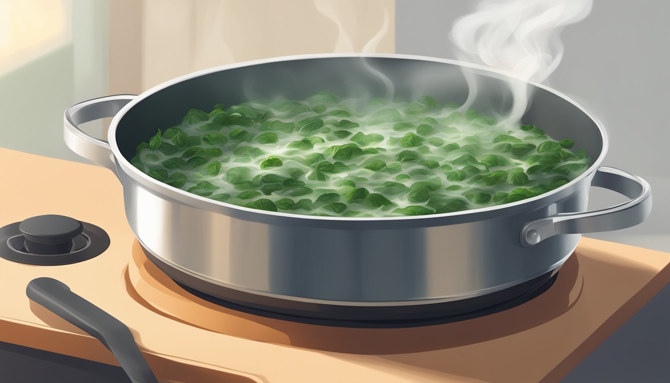 A bowl of creamed spinach being gently heated in a small saucepan over a low flame, with steam rising from the surface