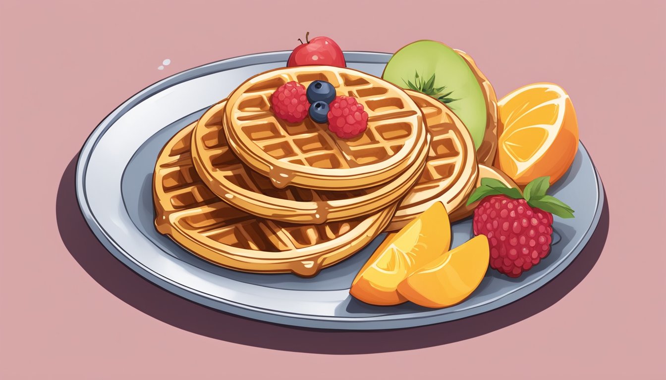 A plate of reheated Eggo mini waffles, garnished with fresh fruit and drizzled with syrup, ready to be served