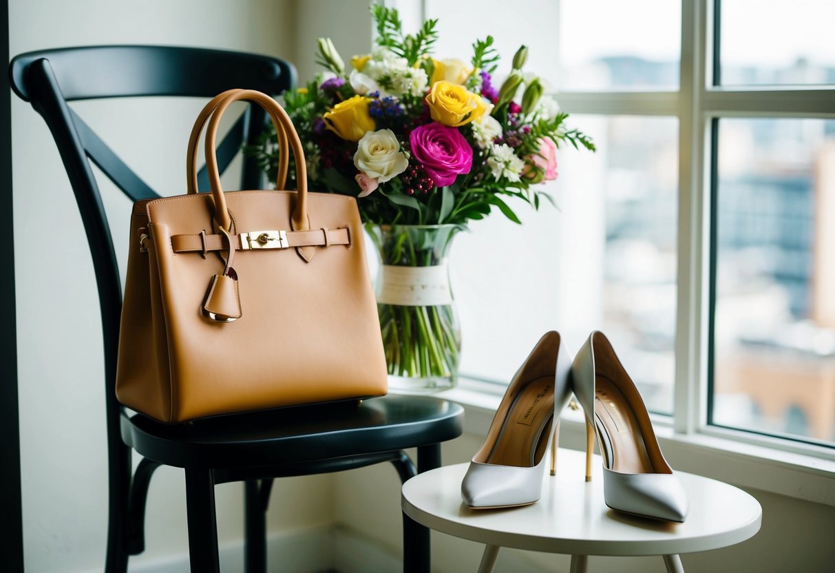 A handbag sits on a chair, next to a bouquet of flowers and a pair of elegant heels