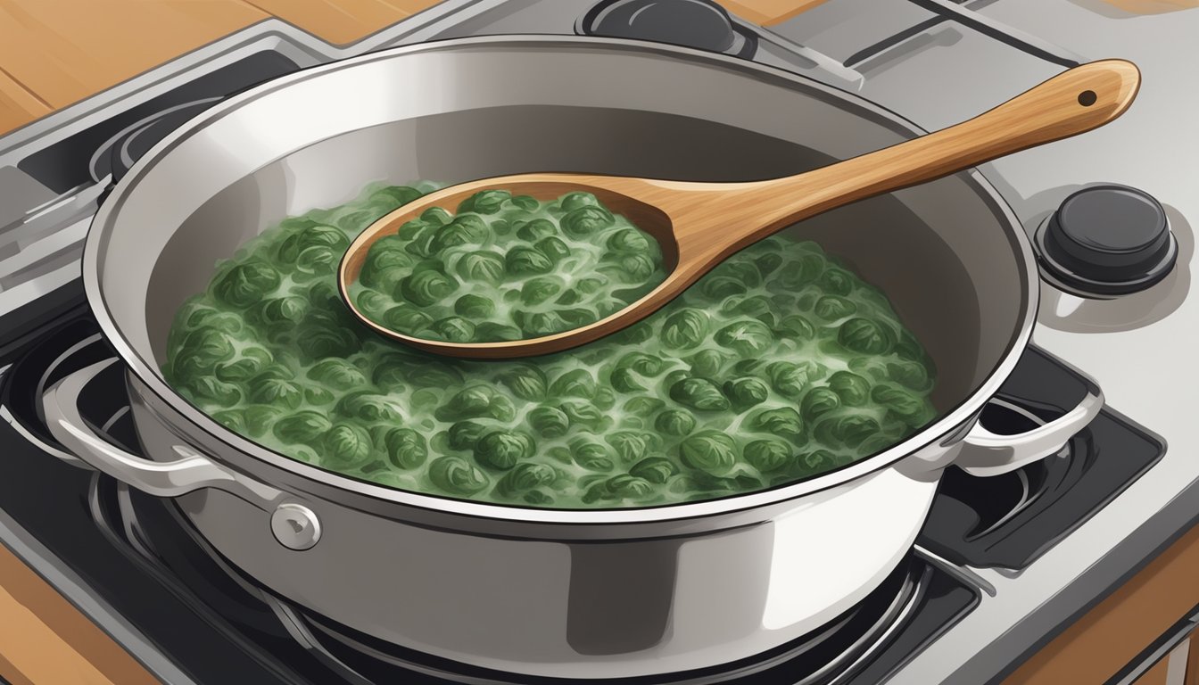 A small pot of creamed spinach being gently reheated on a stovetop, with steam rising and a wooden spoon stirring the mixture