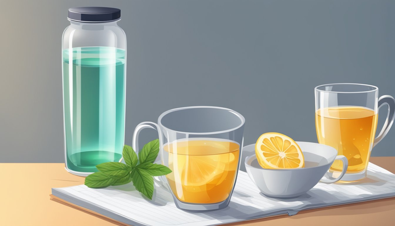 A glass of water and a cup of herbal tea sit on a table next to a bottle of vitamins and a timer set for intermittent fasting