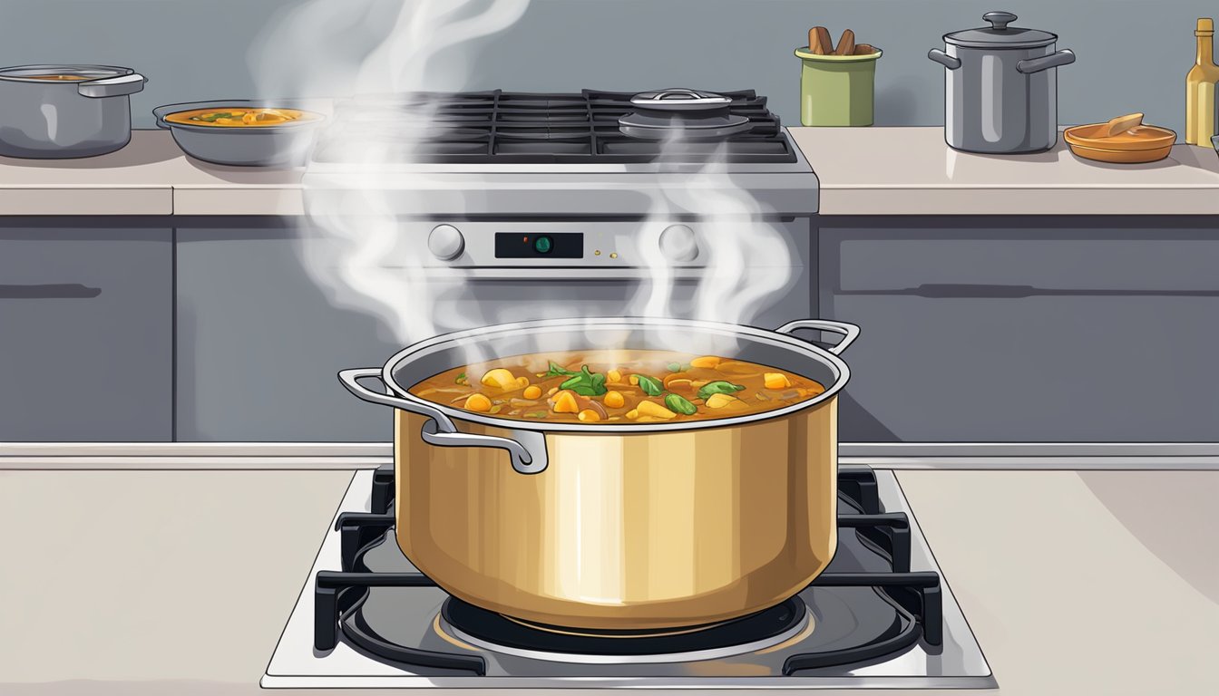 A pot of leftover curry being gently heated on a stove, with a lid partially covering the pot to retain moisture and flavor