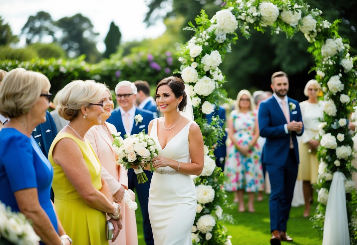 A garden wedding with white flowers and decor, where a guest in a white dress stands out among the colorful attire