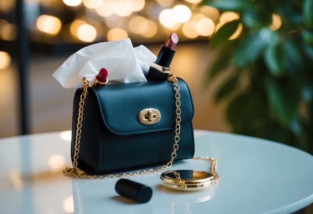 A small handbag with a delicate chain strap, containing essential items like tissues, lipstick, and a compact mirror, sits on a table