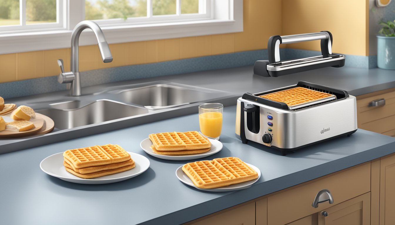 A toaster with eggo mini waffles inside, surrounded by a kitchen counter with a box of eggo waffles and a plate