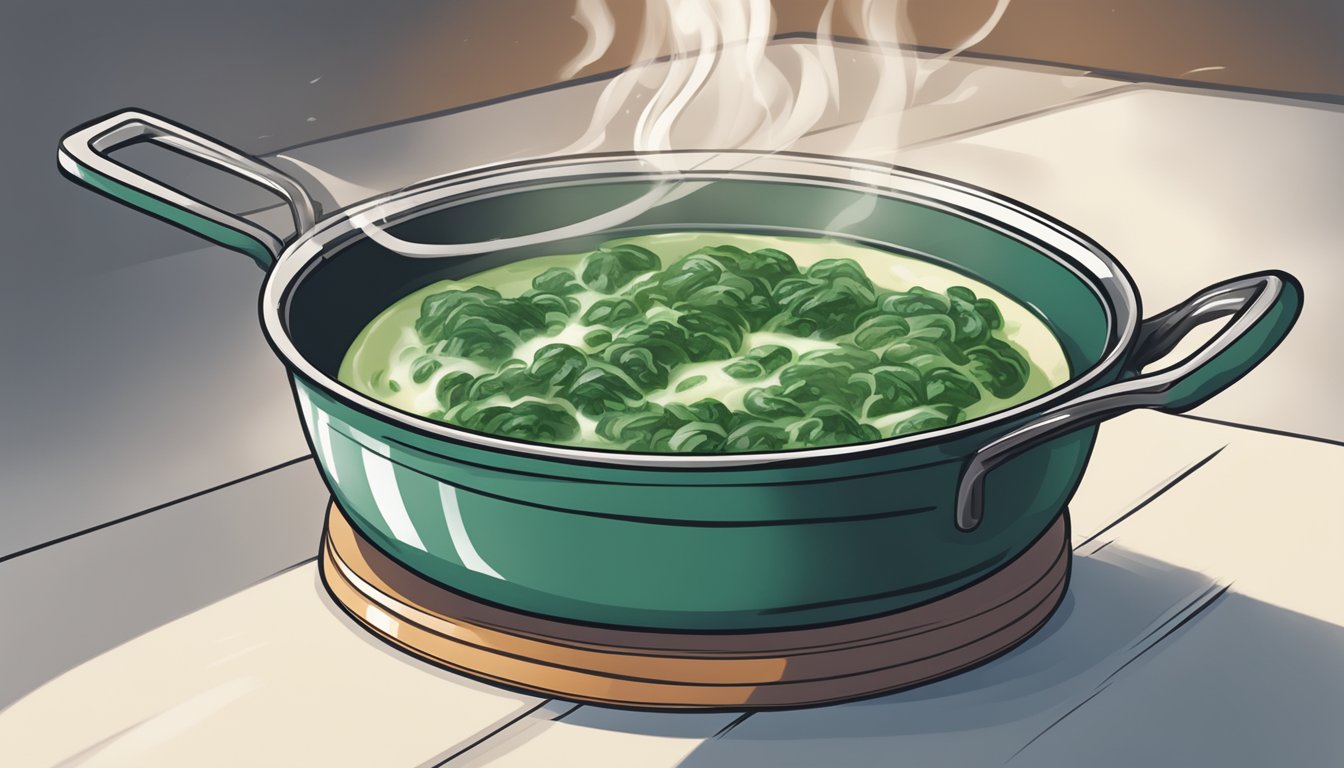 A bowl of creamed spinach being gently reheated in a saucepan over a low flame, with steam rising and the creamy texture becoming smooth and velvety