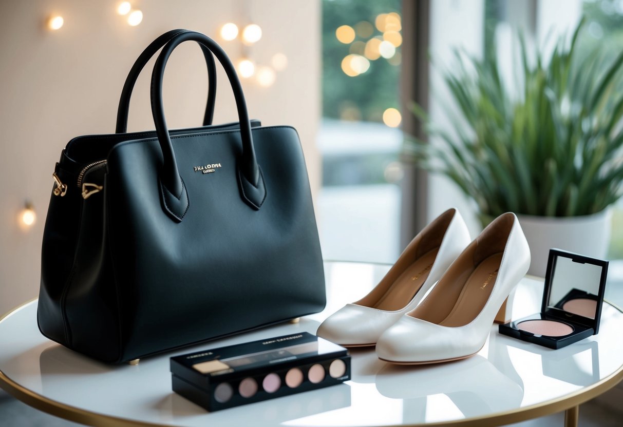 A stylish handbag sits on a table, next to a pair of comfortable yet elegant shoes and a small makeup kit