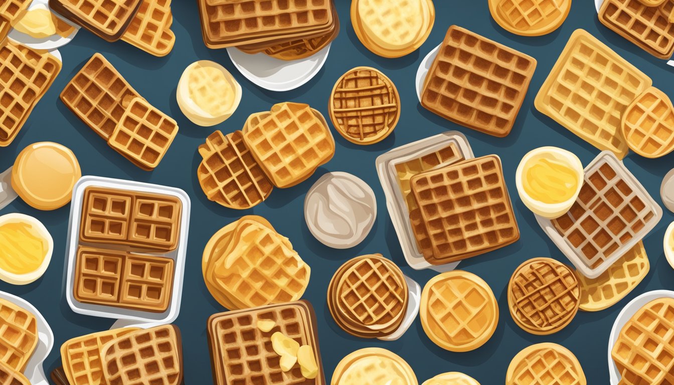 A plate of various waffle varieties, including mini eggo waffles, being reheated in a toaster or toaster oven