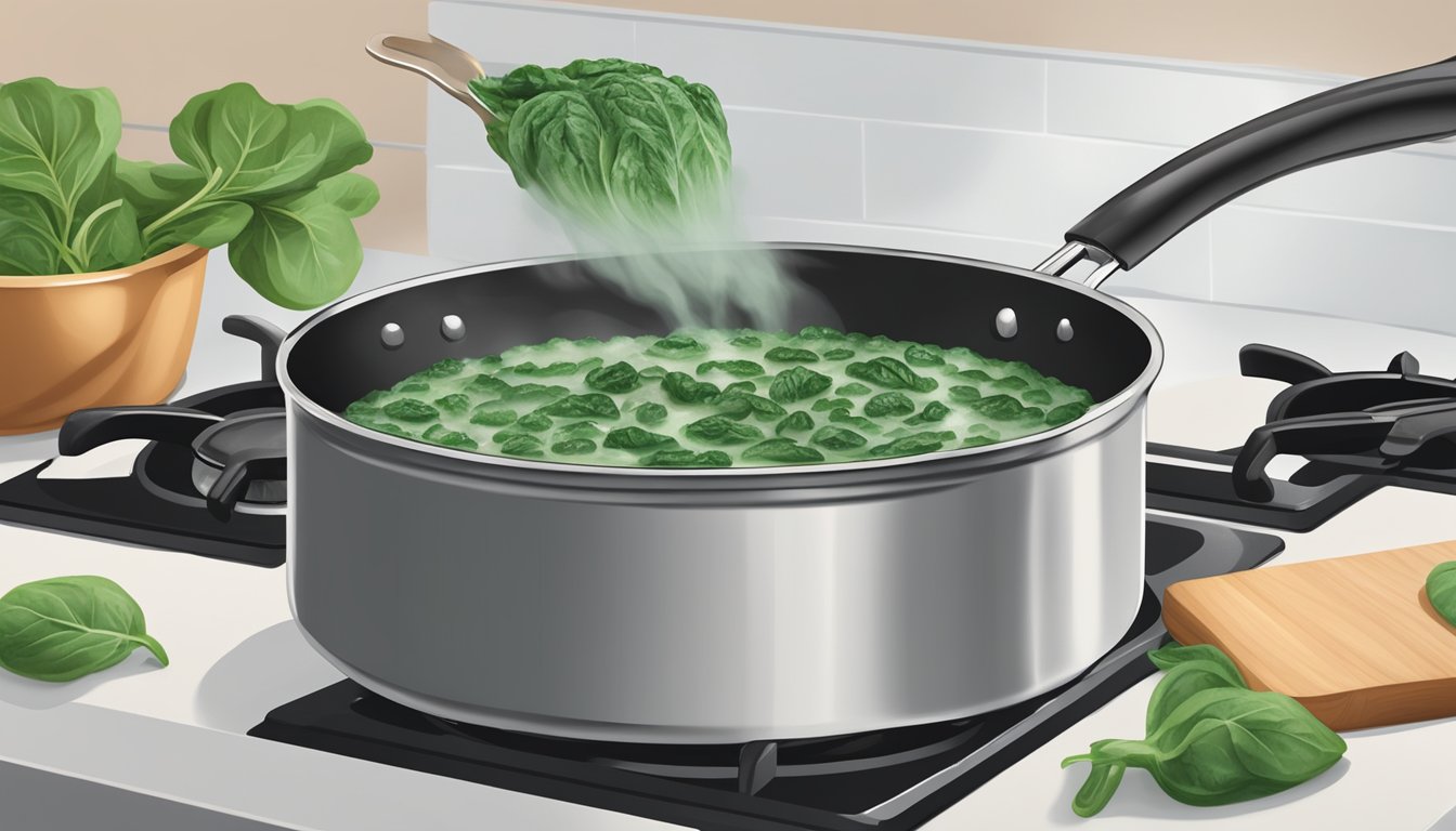 A small saucepan on a stovetop with creamed spinach being gently reheated, steam rising from the creamy mixture