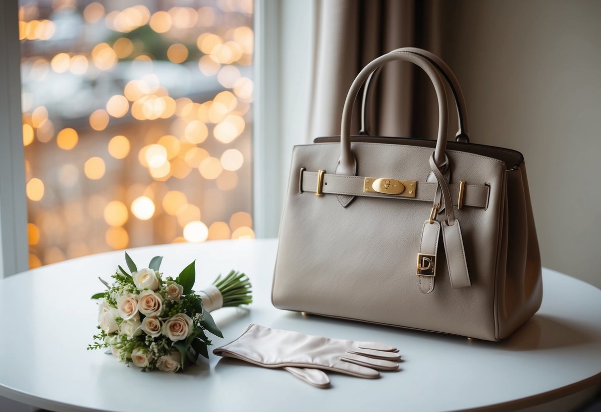 A handbag sits on a table, next to a bouquet and a pair of elegant gloves