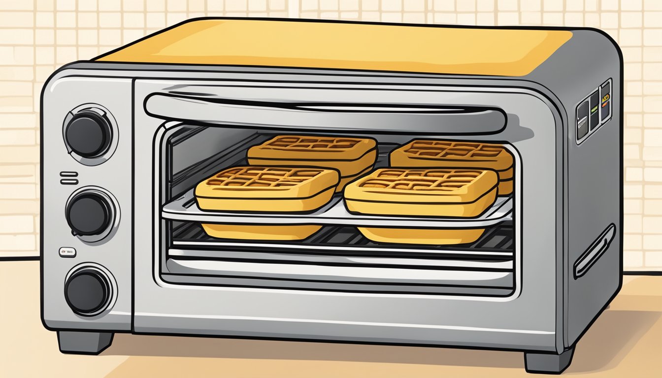 A toaster oven with a tray of Eggo mini waffles inside, set to reheat