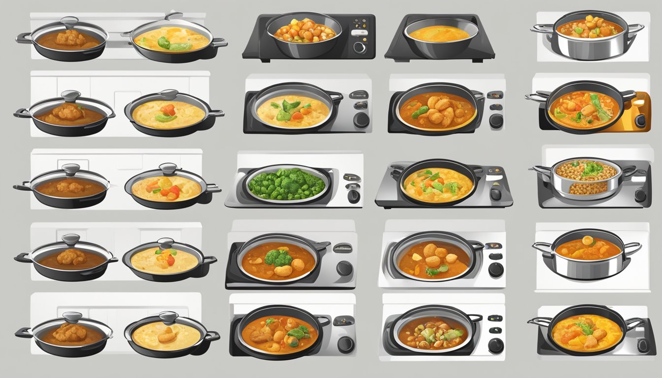 A variety of curry dishes being reheated in different ways, such as on a stovetop, in a microwave, and in an oven, with attention to retaining flavor and texture