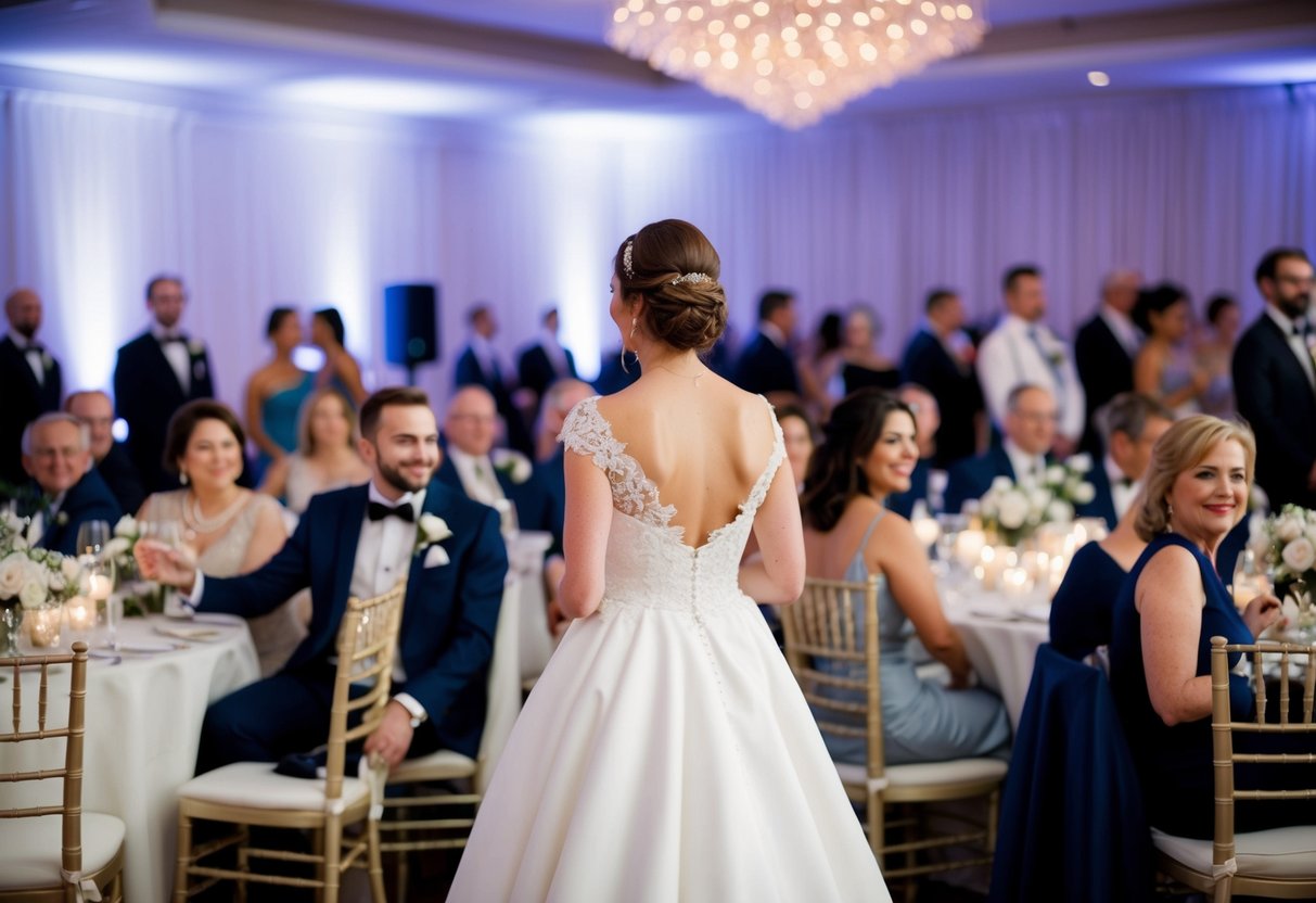 A wedding reception with guests in elegant attire, one person in a white gown stands out among the crowd