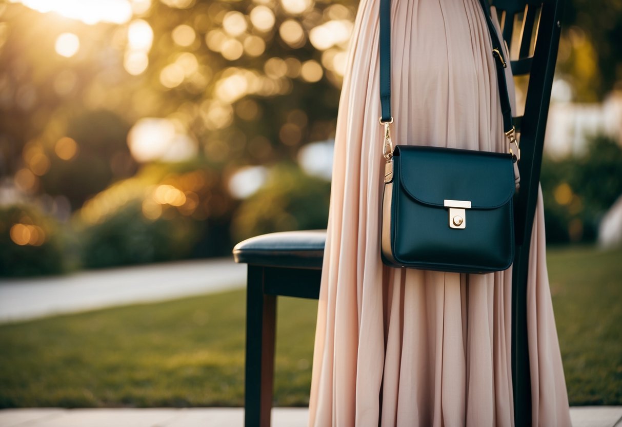 A flowing dress with a crossbody bag slung over a chair