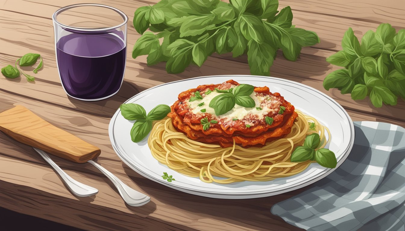 A plate of reheated eggplant parmesan with pasta on a rustic wooden table, surrounded by fresh herbs and a drizzle of olive oil