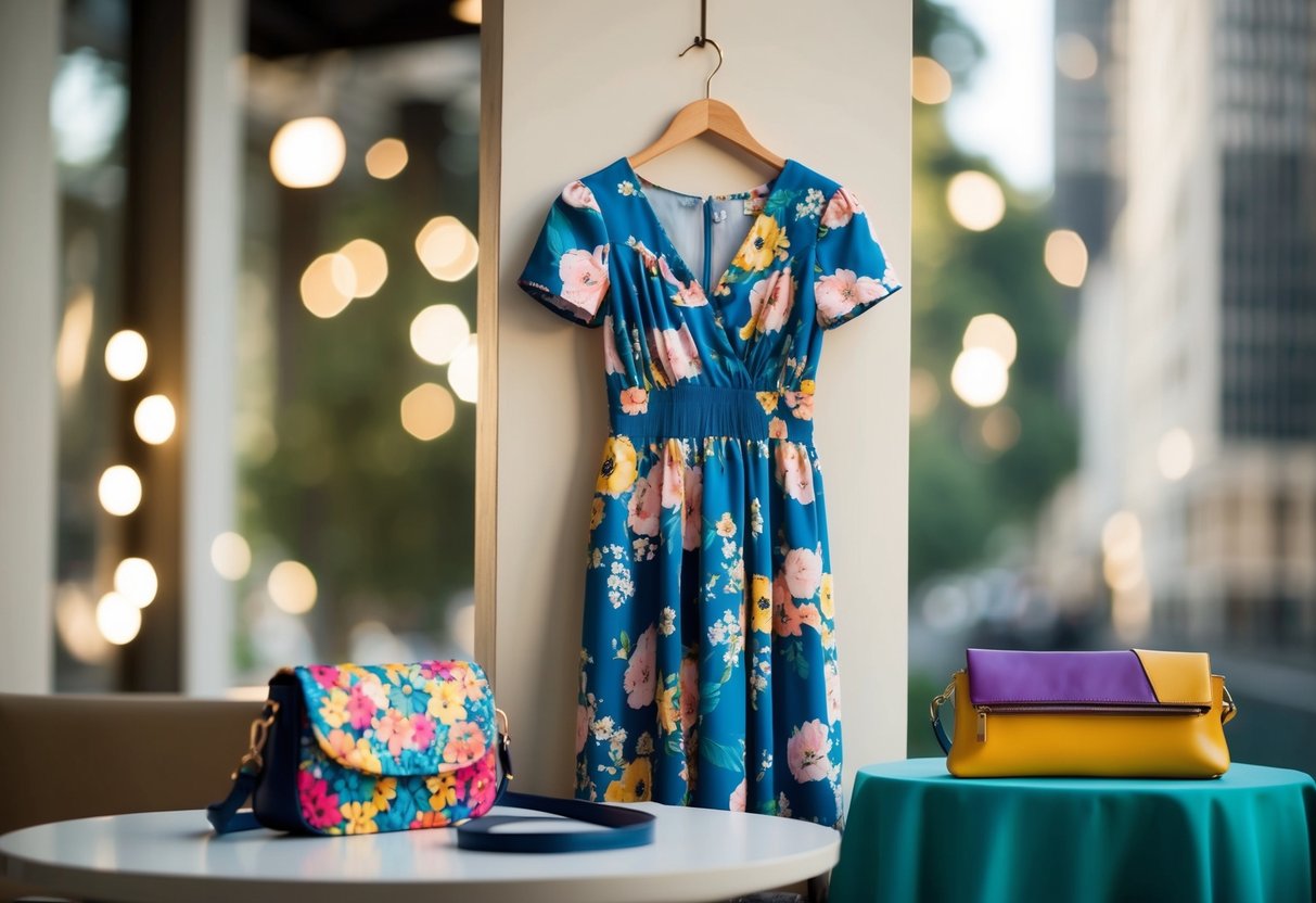 A floral dress hangs on a hanger next to a colorful crossbody bag on a table