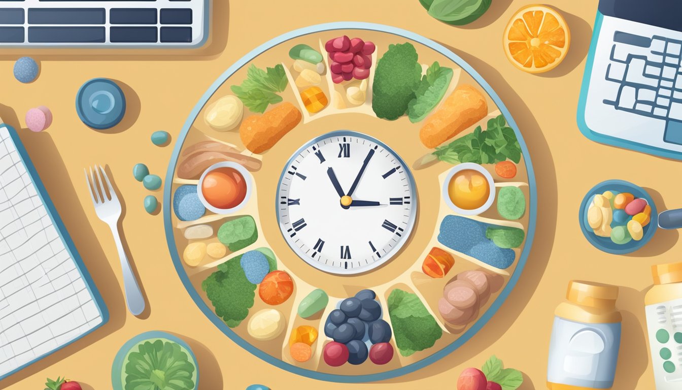 A table with various vitamins and supplements next to a clock showing the time for intermittent fasting