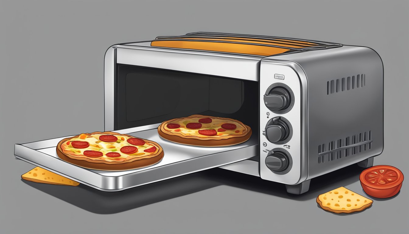 A toaster oven with a slice of deep dish pepperoni pizza on a metal tray, the cheese bubbling and the crust crisping up