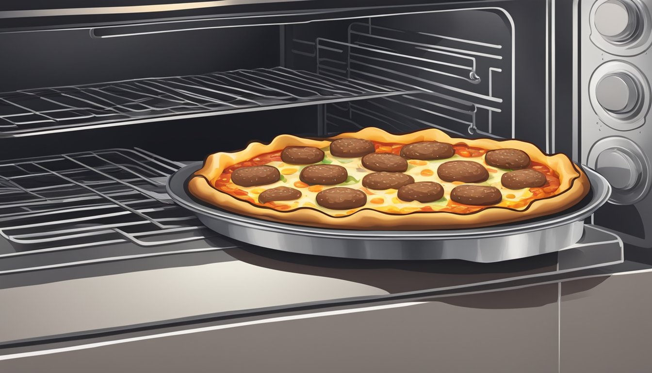 A deep dish sausage pizza sitting on a baking sheet in the oven, with the heat radiating and melting the cheese on top